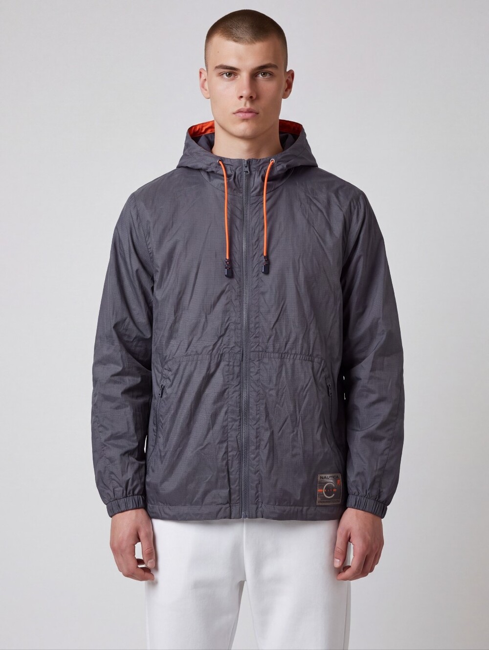 Vintage Nautica Men's Gray Jacket with Orange Accents Men's Medium